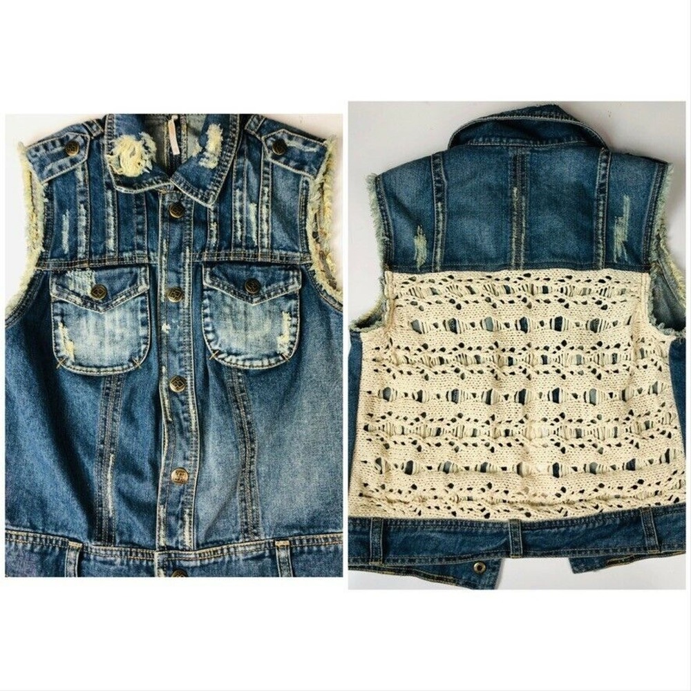 Free People Womens Denim Vest Blue Crochet Epaulettes Flap Pockets Distressed XS